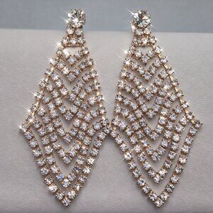 Gold Crystal Chevron Dangle Earrings Formal Sparkle wedding Bride 2”